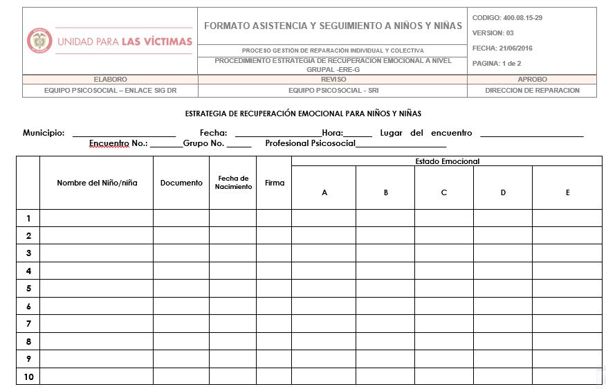 Formato De Seguimiento Psicologico Para Niños portalhistorico.unidadvictimas.gov.co